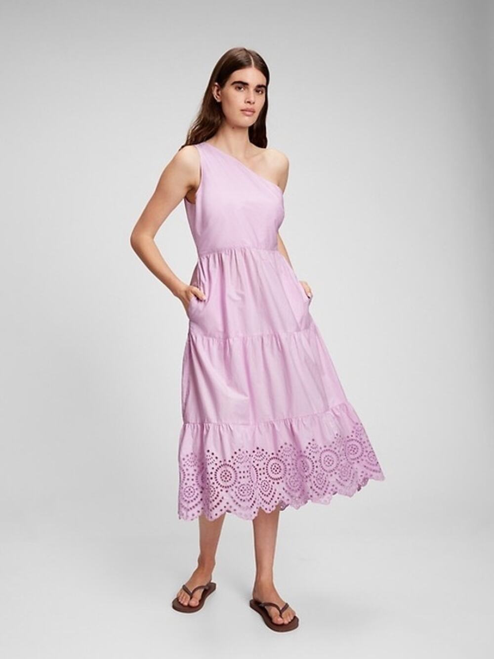 Gap Sz 14 NWT One Shoulder Midi Dress Eyelet Trim Lavender Tiered Flowy Cotton